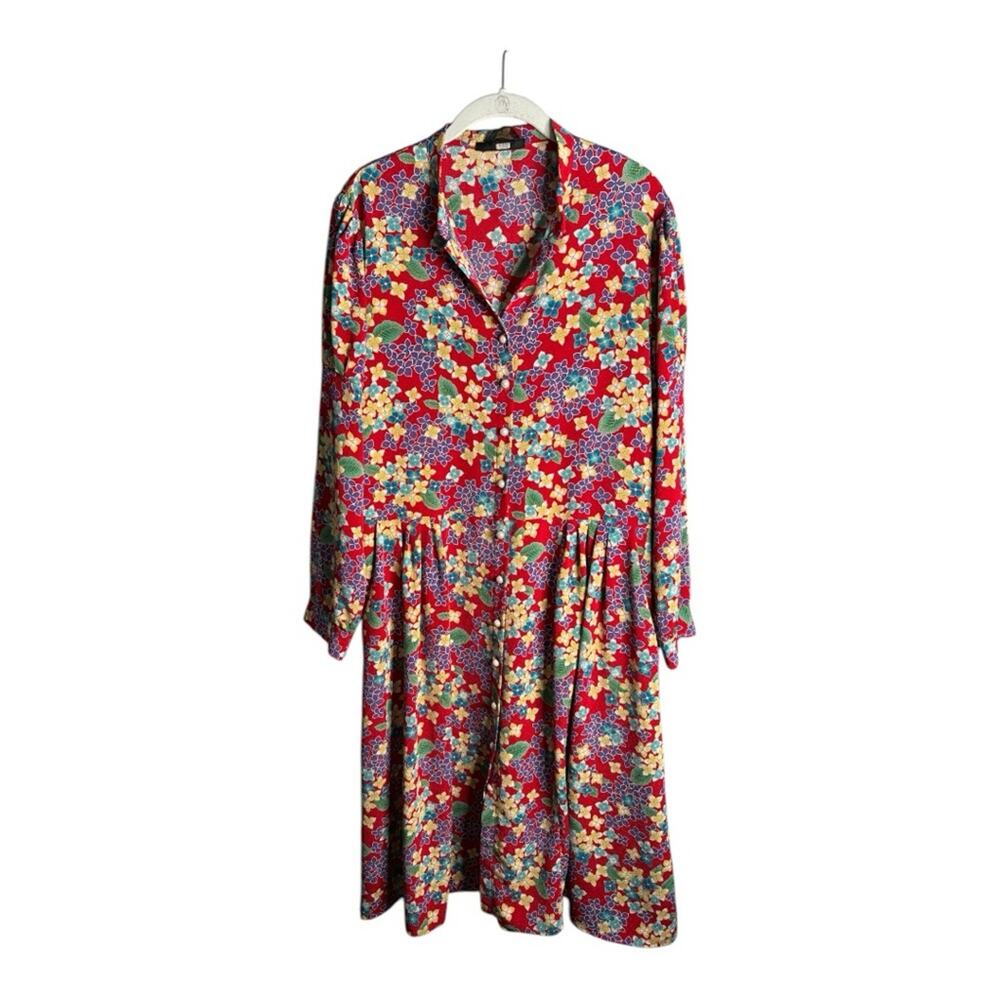 Deborah Lyons Red Long Sleeve Floral Midi Dress Pearl Buttons 8